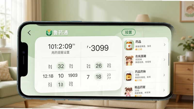 鲁药通 用药提醒设置界面 手机屏幕显示时间选择器与药品列表 温馨居家风格 淡绿色背景 高清细节