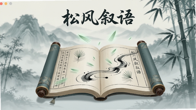 松风叙语软件主界面全貌展示,画面中央是一本展开的古风电子书卷,书页上漂浮着淡绿色的松针与流动的墨迹,背景是朦胧的远山与竹林,整体色调为青灰色与米白色,风格清新雅致,适配Boogu模型生成,软件名称松风叙语以书法字体悬浮于画面顶部