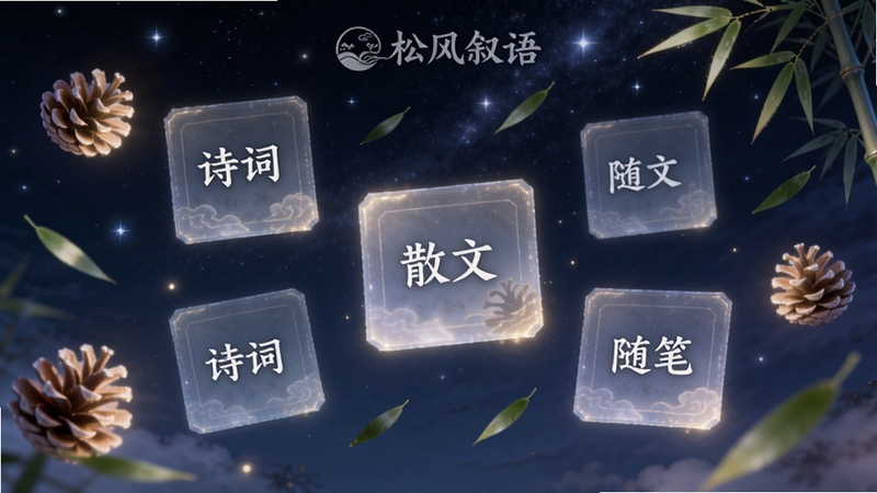 松风叙语软件内部的文库分类界面,画面主体为悬浮在空中的多个半透明卡片,卡片上分别写有诗词、散文、随笔等字样,卡片周围环绕着发光的松果与飘落的竹叶,背景为深邃的夜空与点点星光,风格唯美梦幻,画面上方带有松风叙语的水印标识