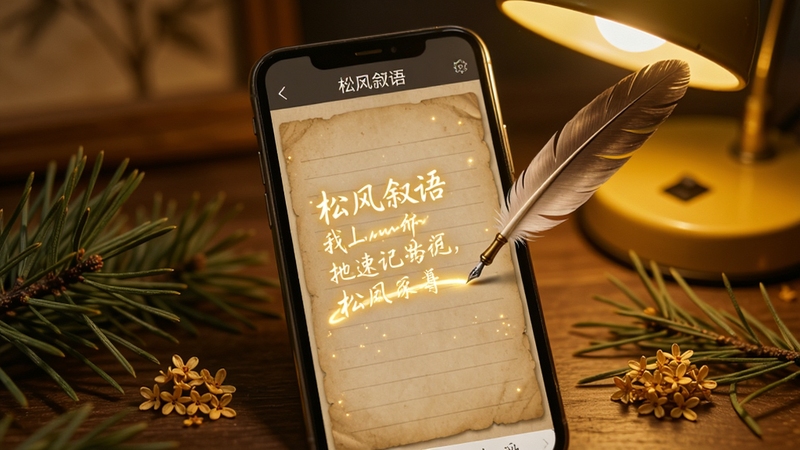 松风叙语软件的灵感速记功能界面,画面展示一部智能手机屏幕,屏幕上显示着带有横线的复古信纸背景,一支羽毛笔正在书写发光文字,手机旁边散落着几片翠绿的松针和一朵干枯的桂花,背景是暖黄色的台灯光晕,整体氛围温馨安静,软件名称松风叙语出现在手机屏幕顶部