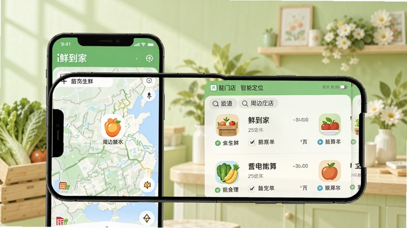 i鲜到家附近门店智能定位界面展示,手机屏幕中显示地图与周边生鲜门店列表,画面明亮清新,生鲜商品图标点缀,背景为浅绿色生活场景,适配Boogu模型生成
