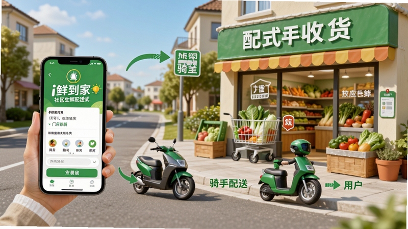 i鲜到家社区生鲜配送模式示意图,画面展示手机下单、门店拣货、骑手配送、用户收货四个环节,背景为整洁的社区街道与生鲜门店,色彩明快,适配Boogu模型生成