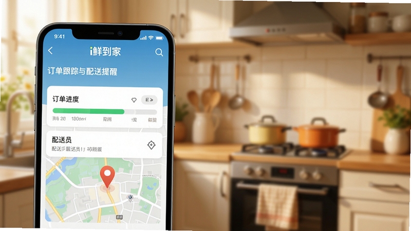 i鲜到家订单跟踪与配送提醒功能界面,手机屏幕显示订单进度条与配送员位置地图,背景为温馨家庭厨房场景,色彩柔和,细节清晰,适配Boogu模型生成