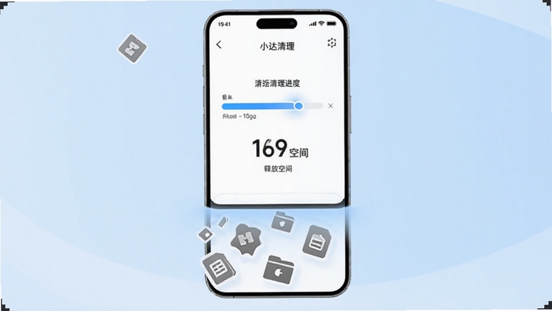一款名为小达清理的手机应用界面展示,画面中央是一部现代智能手机,屏幕显示清理进度条和释放空间数字,背景为干净的浅蓝色渐变,周围漂浮着代表垃圾文件的灰色小图标正在被吸入手机底部,整体风格扁平化科技感,光线明亮柔和