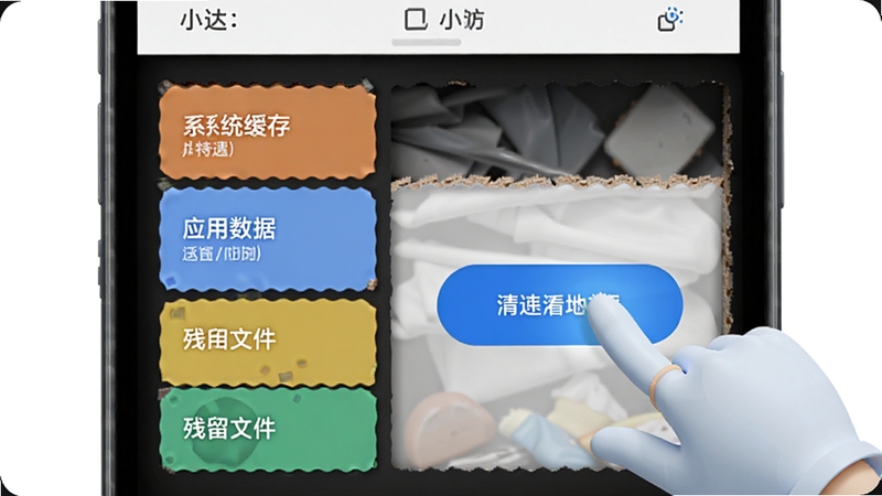 小达清理的深度清理界面,展示手机内部存储结构剖面图,不同颜色标注出系统缓存、应用数据、残留文件等区域,一只虚拟的手正在点击清理按钮,被清理的区域变得干净透亮,背景为白色简约风格搭配蓝色高亮