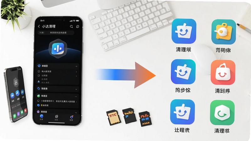 小达清理与同类工具对比展示图,画面左侧是小达清理的简洁界面,右侧排列着几个代表不同清理软件的彩色图标,中间用对比箭头连接,背景为白色办公桌面风格,有手机和存储卡元素点缀
