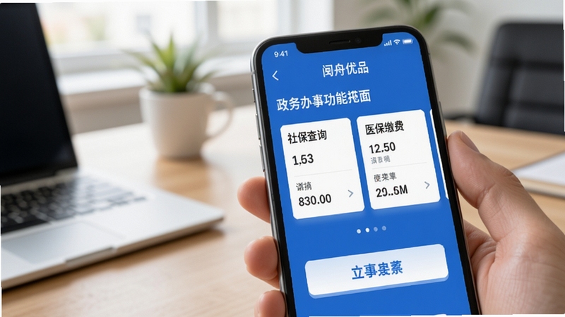 闽舟优品政务办事功能界面特写,画面展示手机屏幕中社保查询与医保缴费页面,界面以蓝色为主色调,包含清晰的数据卡片和操作按钮,背景为办公室桌面环境,光线明亮柔和,突出便捷高效的视觉感受