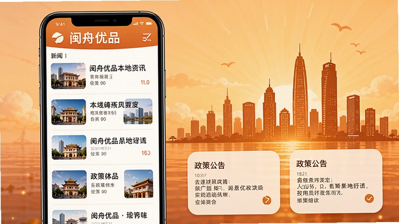 闽舟优品本地资讯页面展示,手机屏幕内呈现新闻列表与政策公告卡片,画面右侧配以福建城市天际线剪影,整体色调温暖,强调信息时效性与地域归属感,适配Boogu模型生成