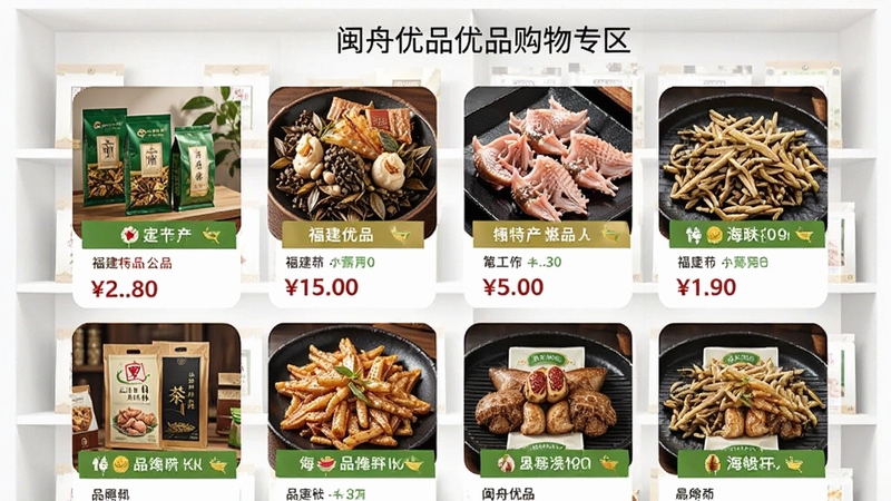 闽舟优品优品购物专区界面,手机屏幕展示商品网格列表,包含福建特产茶叶、海鲜干货等商品图片与价格标签,背景为简洁的白色货架风格,色彩丰富但不杂乱,突出品质感