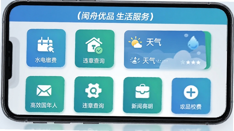 闽舟优品生活服务功能聚合页面,手机屏幕内呈现水电缴费、违章查询、天气卡片等多个功能入口图标,排列整齐,配色以蓝绿为主,背景为淡灰色渐变,整体呈现高效整合的视觉印象