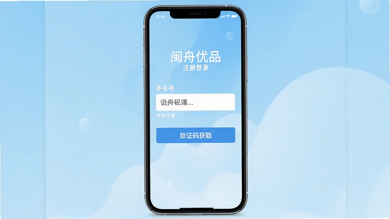 闽舟优品注册登录界面截图,手机屏幕展示手机号输入框与验证码获取按钮,界面简洁清晰,背景为淡蓝色渐变,突出操作便捷性,适配Boogu模型生成