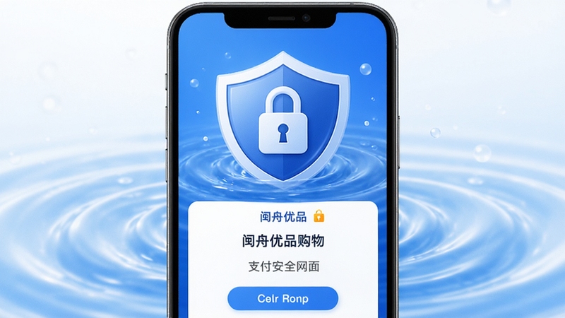闽舟优品购物支付安全界面,手机屏幕展示支付确认页面与安全锁图标,背景为盾牌与水波纹元素,整体色调以蓝色和白色为主,传递安全可靠的视觉信息