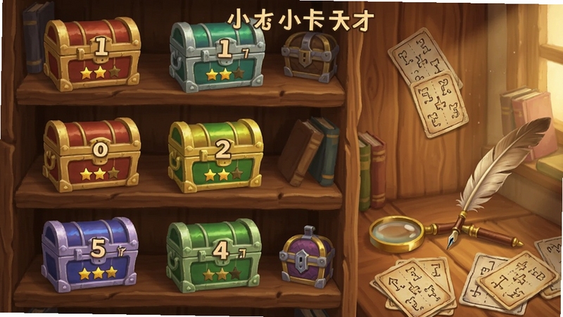 我是解谜小天才关卡选择界面,画面主体为多层书架上摆放着不同颜色的解谜宝箱,每个宝箱上标注着关卡编号和星星评分,背景区域为温馨的木质书房场景,细节包含放大镜、羽毛笔和散落的谜题卡片
