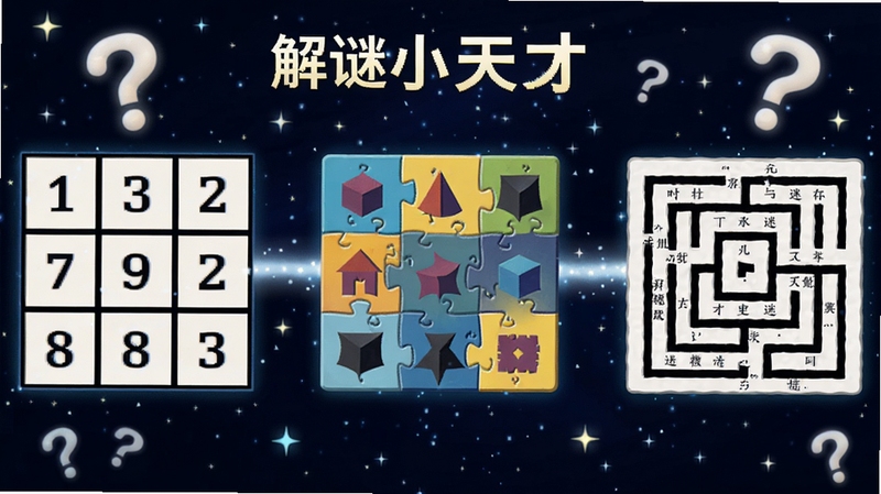我是解谜小天才多类型谜题展示图,画面左侧为数字九宫格,中间为图形拼接板,右侧为文字迷宫,三种谜题元素通过光带连接,背景区域为深蓝色星空,点缀着发光的星星和问号