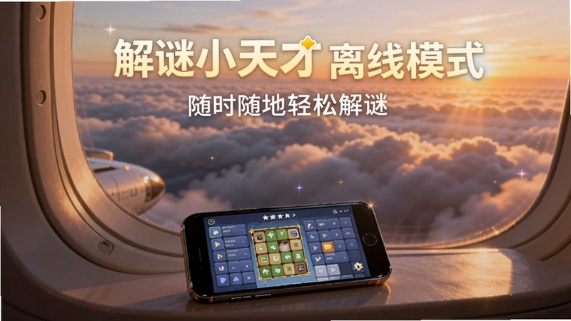 我是解谜小天才离线模式宣传图,画面主体为飞机舷窗外的云层,窗台上放着一部显示解谜界面的手机,背景区域为温暖的夕阳色调,传达随时随地轻松解谜的氛围