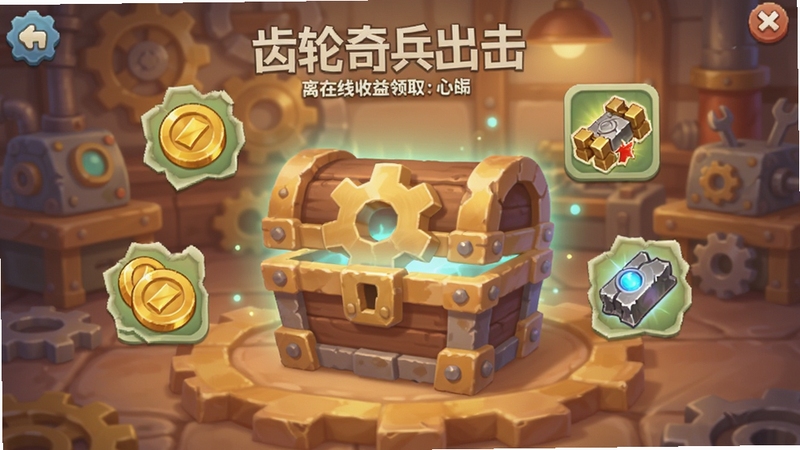 齿轮奇兵出击离线收益领取界面,画面中央为发光的齿轮宝箱,周围环绕金币与材料图标,背景为温馨的工厂场景,色彩柔和,适配Boogu模型生成