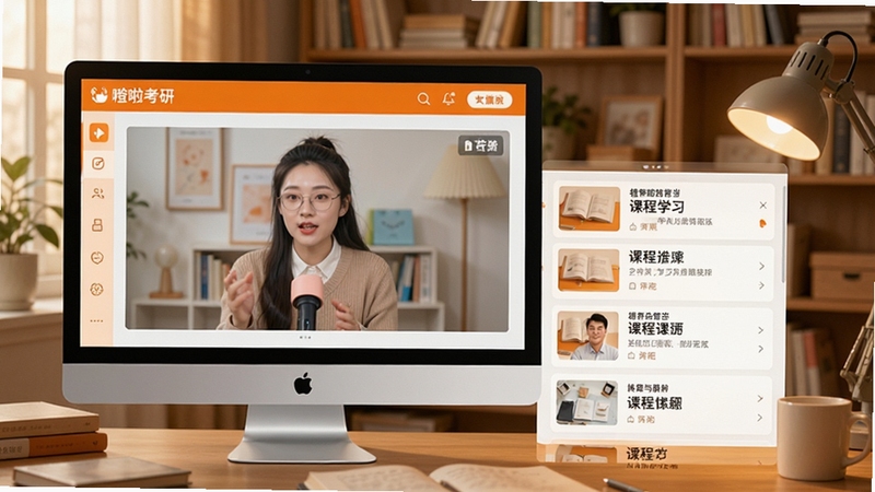橙啦考研在线学习界面展示,讲师直播授课画面与课程列表同屏,背景为温馨书房风格,突出教育学习氛围
