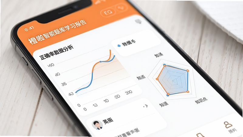 橙啦智能题库学习报告界面,手机屏幕显示正确率曲线图与知识点雷达图,配色清新简洁,突出数据分析功能