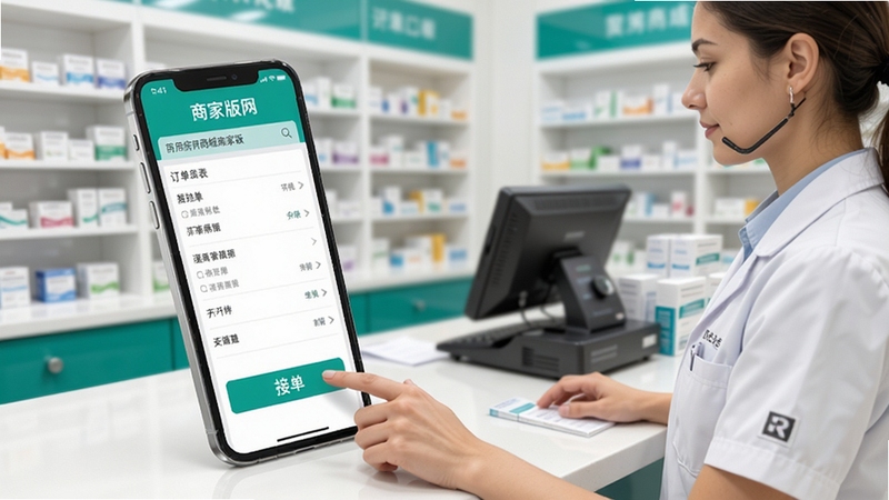 药房网商城商家版手机端订单列表界面展示,一名药店工作人员正在点击接单按钮,背景为整洁的药房柜台,画面明亮清晰,突出移动办公场景
