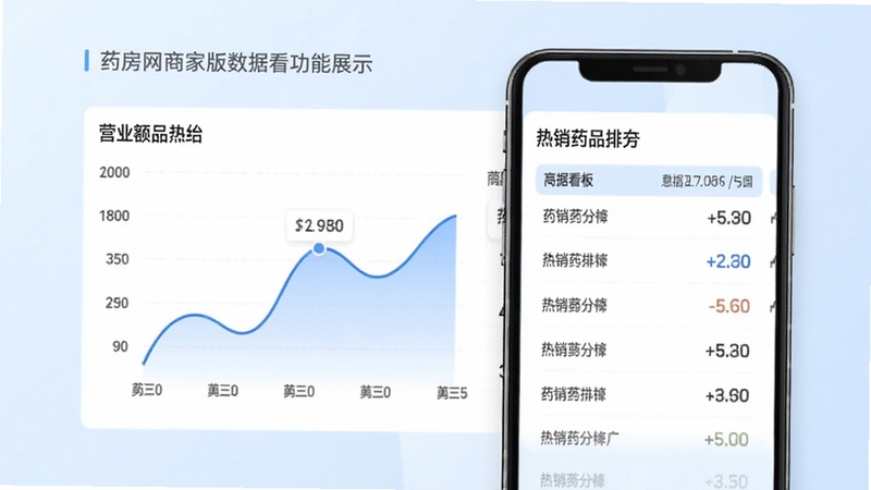 药房网商城商家版数据看板功能展示,手机屏幕上呈现营业额曲线图与热销药品排行榜,背景为淡蓝色渐变,风格简洁专业