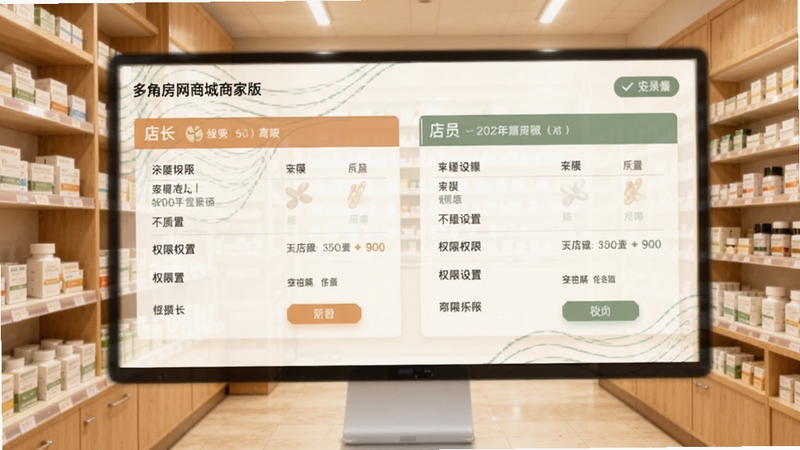 药房网商城商家版多角色权限管理界面,展示店长与店员不同权限设置,画面中有药房货架元素,整体色调温和