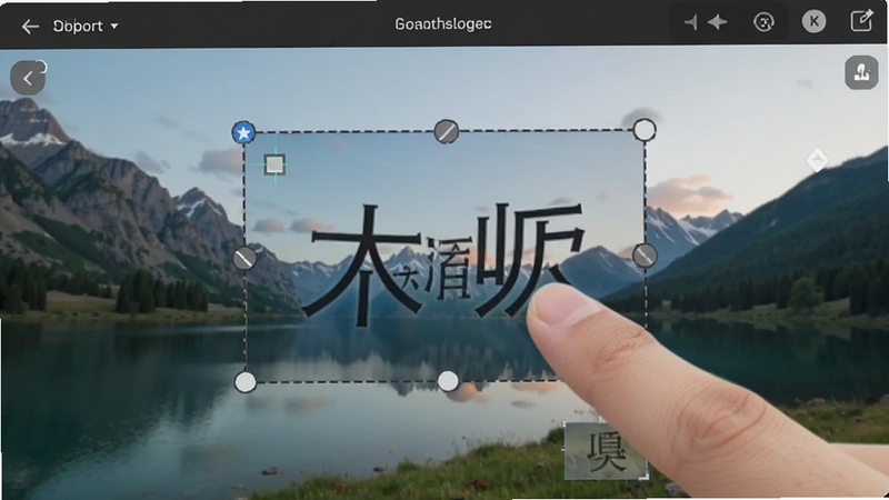 图片加文字大师自由编辑界面,手指正在拖动图片上的文字图层,周围有虚线框和调节手柄,背景是一张风景照片