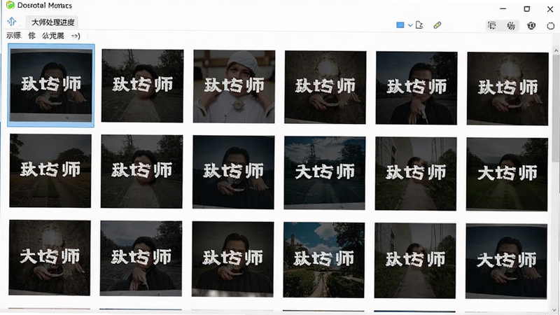图片加文字大师批量处理进度界面,多张图片缩略图排列整齐,每张图片上已叠加相同的文字水印