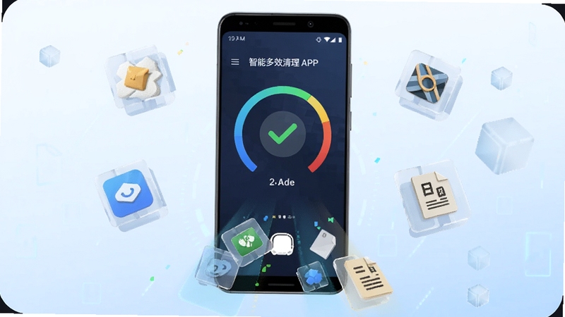 画面中央悬浮一部安卓手机,屏幕显示智能多效清理APP的圆形加速仪表盘与清理完成对勾图标,背景为浅蓝渐变科技风,四周漂浮着代表缓存、安装包、日志文件的半透明方块被吸入手机底部,整体色调清爽明亮,适配Boogu模型生成