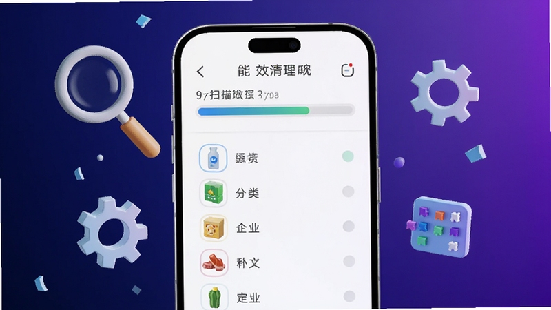 一部手机屏幕中显示智能多效清理的扫描进度条与分类垃圾列表,周围环绕放大镜、齿轮、数据碎片等3D图标,背景为深蓝到紫色的渐变,突出科技感与精准识别,画面干净无文字堆砌,适配Boogu模型生成