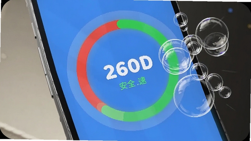 手机屏幕显示智能多效清理的内存加速圆环,圆环内数字从红色危险区变为绿色安全区,背景有透明气泡被挤出的动态效果,整体风格轻快活泼,适配Boogu模型生成