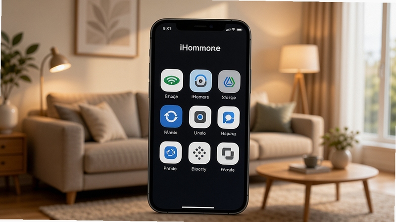 iHommore 智能设备兼容界面展示图,画面中央为手机屏幕显示多品牌设备图标整齐排列,背景为温馨的现代客厅环境,光线柔和,突出科技与生活融合的氛围
