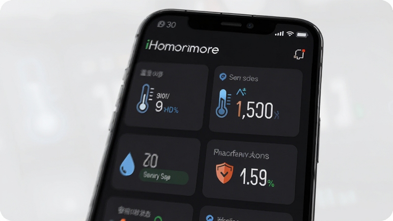 iHommore 设备状态监控仪表盘图,手机屏幕显示各类传感器数据卡片,包含温度、湿度与安防状态图标,背景为简洁的深色模式界面,数字清晰醒目