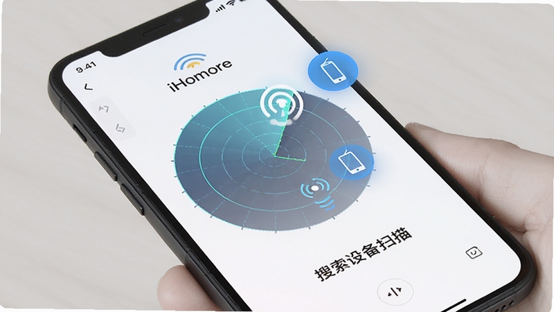 iHommore 添加设备扫描界面图,手机屏幕显示雷达扫描动画与设备图标浮现效果,背景为简洁的白色界面,突出搜索与连接的过程感
