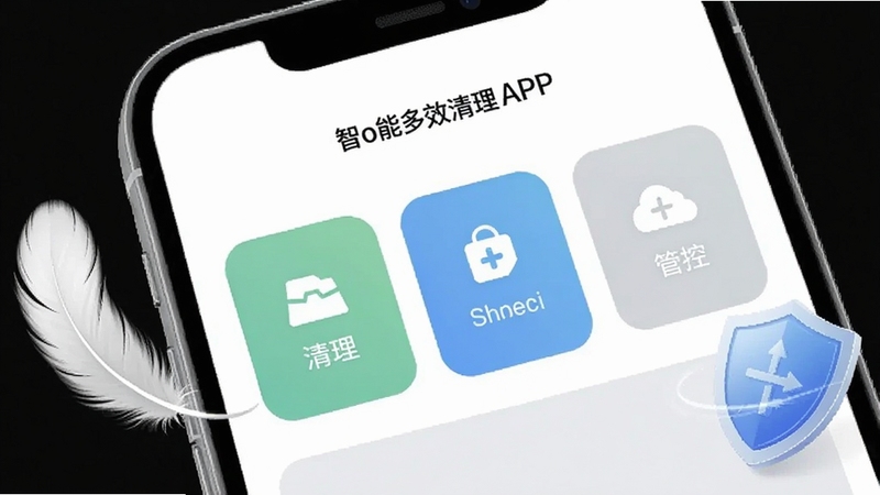 智能多效清理APP主界面特写,界面简洁,只有清理、加速、管控三个大按钮,背景为纯白与浅灰,手机周围有羽毛与盾牌元素象征轻量与安全,适配Boogu模型生成