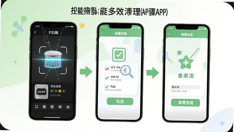 智能多效清理APP的使用步骤示意图,画面从左到右依次展示扫描、勾选、清理完成三个手机界面,背景为浅绿色与白色,带有箭头指引,整体风格清晰易懂,适配Boogu模型生成