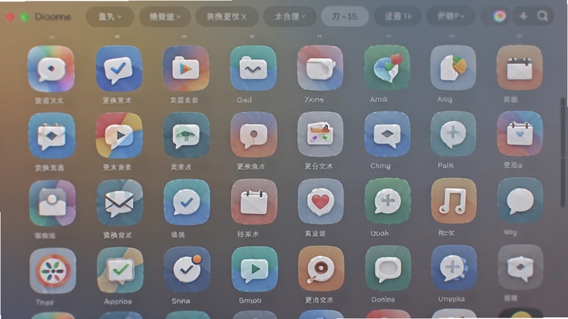 图标更换软件素材库界面,展示多种风格图标分类标签,画面以网格形式呈现不同颜色和形状的应用图标,背景柔和,突出图标更换素材丰富性