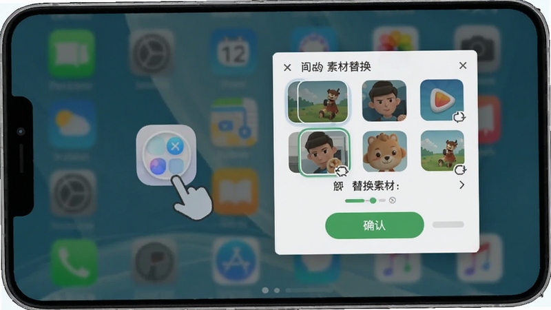 图标更换软件一键替换操作界面,展示用户点击应用图标后弹出素材选择窗口,画面中有确认按钮和替换进度提示,手机桌面背景简洁