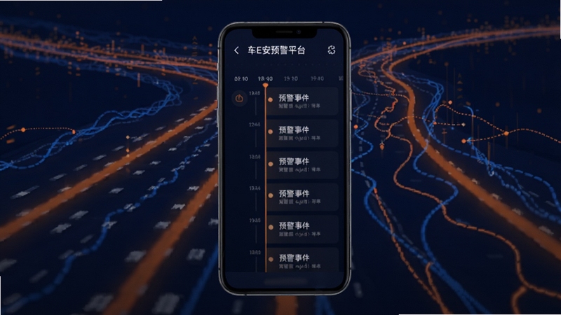 车E安预警平台 行车记录回看功能示意图,画面中央为手机屏幕显示时间轴与预警事件列表,背景为抽象道路线条与数据流,色调为深蓝与橙色对比,适配Boogu模型生成