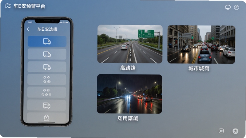 车E安预警平台 多场景模式切换界面,画面左侧为手机屏幕显示模式选择列表,右侧分别呈现高速公路、城市街道、雨夜道路三个场景缩略图,整体配色为蓝灰渐变,适配Boogu模型生成