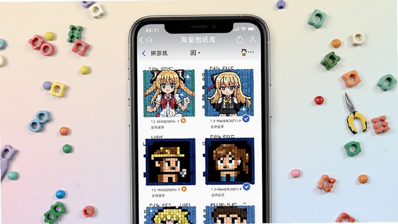 拼豆高高手海量图纸库界面截图,画面主体为手机屏幕展示分类清晰的拼豆图纸列表,包含动漫人物和像素图案缩略图,背景区域为柔和的浅色渐变,周围点缀彩色拼豆颗粒装饰,整体风格活泼可爱