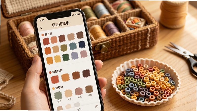拼豆高高手色号匹配界面展示,手机屏幕显示色卡列表和颜色匹配结果,旁边放置真实的拼豆颗粒作为参照,背景区域为手工收纳盒,整体色调温暖柔和