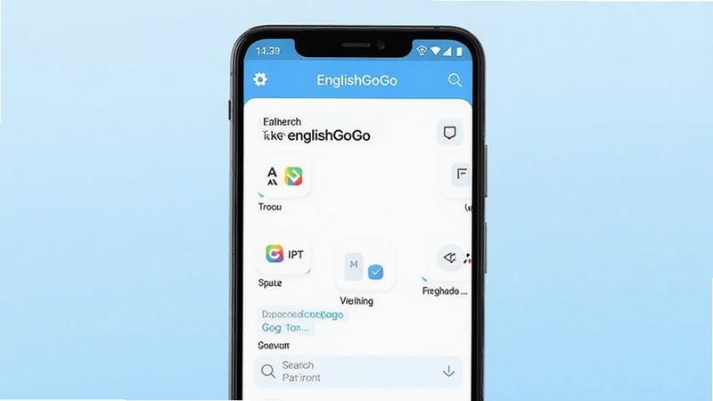 英语GoGo 软件主界面展示 画面主体为一部竖屏安卓手机 屏幕显示英语GoGo的单词查询页面 背景为淡蓝色渐变 突出简洁的UI设计和搜索框 整体风格清新明亮 适配Boogu模型生成