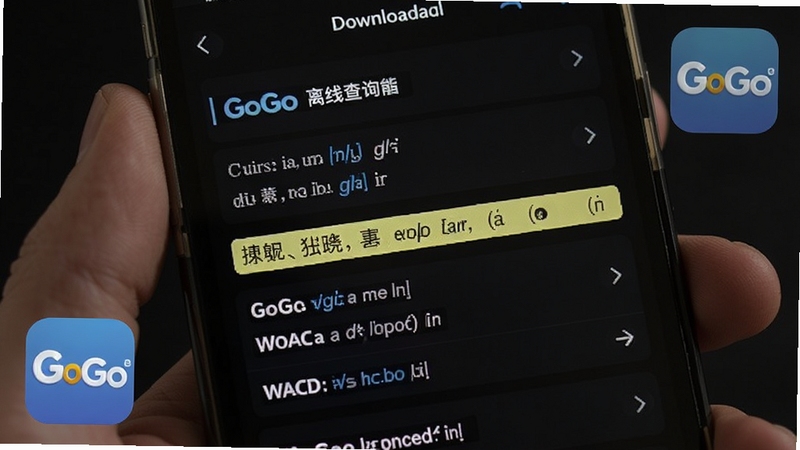 英语GoGo 离线查询功能特写 画面主体为手机屏幕显示单词查询结果 背景为深色模式 突出高亮显示的单词释义和音标 画面中包含英语GoGo软件名称标识 细节清晰 适合下载站配图
