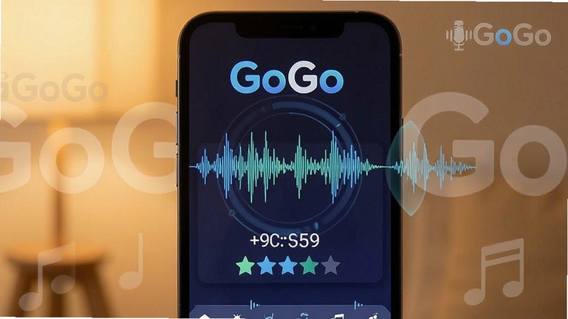 英语GoGo 发音跟读功能展示 画面主体为手机屏幕显示声波波形与评分分数 背景为柔和暖色调 画面中包含英语GoGo软件名称水印 突出语音交互的科技感