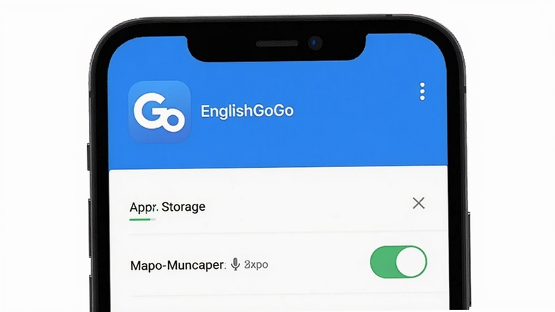英语GoGo 安装权限设置界面示意图 画面主体为手机屏幕显示应用权限管理列表 背景为纯白色 画面中包含英语GoGo图标与名称 突出存储与麦克风权限开关 风格简洁明了