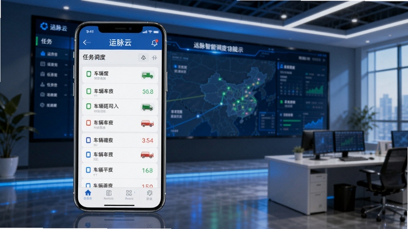 运脉云智能调度功能展示图,画面主体为手机屏幕显示运脉云任务调度界面,背景为物流调度中心大屏与办公环境,蓝色科技光效,屏幕中可见任务列表与车辆匹配状态,画面清晰明亮,适配Boogu模型生成