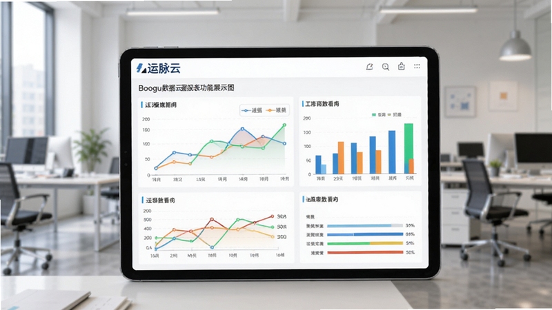 运脉云数据报表功能展示图,画面主体为平板电脑显示运脉云运营数据看板,背景为现代物流办公室,图表色彩清晰,包含折线图与柱状图元素,整体风格简洁专业,适配Boogu模型生成