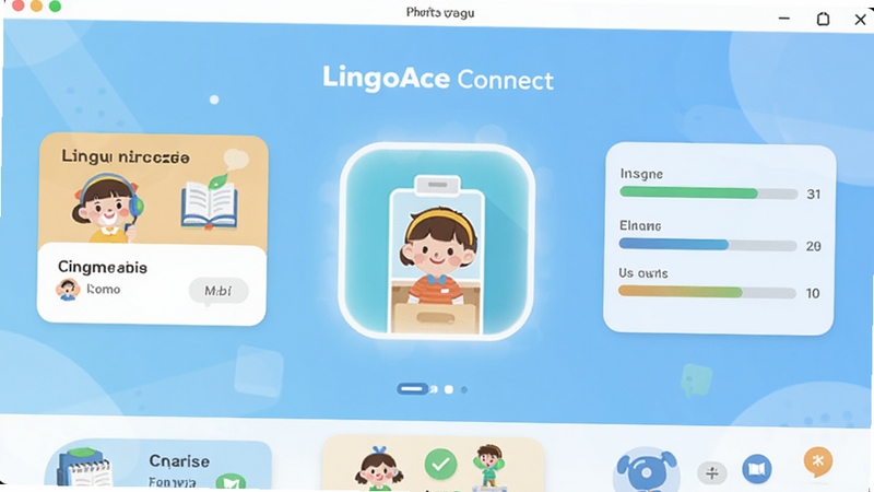 LingoAce Connect 软件主界面展示,画面中央为明亮的在线教室入口图标,背景为淡蓝色渐变学习氛围,包含课程卡片与进度条元素,扁平化UI风格,适合Boogu模型生成