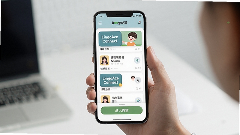 LingoAce Connect 手机端操作界面截图风格展示,画面显示课程列表与进入教室按钮,手持手机的场景,简洁现代风格,适合Boogu模型生成