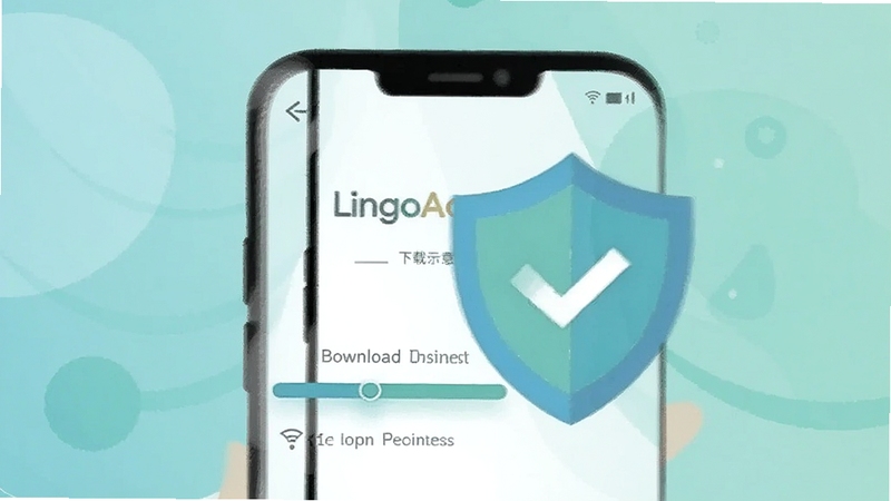 LingoAce Connect 安全下载安装示意画面,手机屏幕显示下载进度条与安全盾牌图标,背景为柔和的蓝绿色调,扁平插画风格,适合Boogu模型生成
